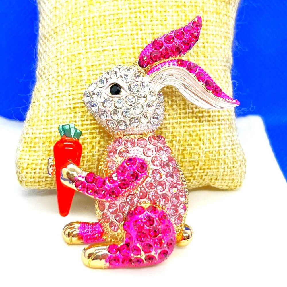 Pink Bunny RABBIT with Carrot Pin BROOCH & Pendant